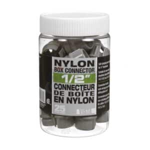 Connecteur de boîte en nylon 1/2″ – paquet de 25 pour fixation rapide et sécurisée des câbles dans les boîtes de jonction électriques.