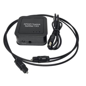 Diviseur optique 1 vers 3 avec câble optique de 3 pieds et alimentation USB 2,1 mm, idéal pour répartir un signal audio numérique.