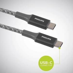 Pack of 2 Philips 6-Foot USB Type-C Cables, Braided and Durable, for Fast Charging up to 60W with Power Delivery, and Extended Compatibility with iPad Pro, MacBook Pro, and Samsung Galaxy.