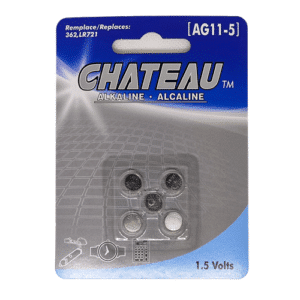 AG11 Chateau 1.5V alkaline batteries, pack of 5, LR721 and 362 compatible, ideal for watches, calculators and small electronic devices.
