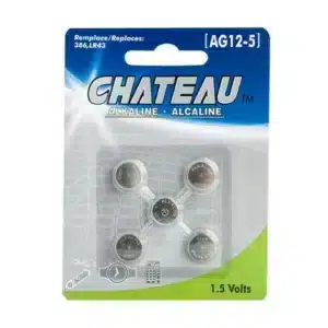 Alkaline batteries AG12 / LR43 / 386 Chateau AG12-5, pack of 5, 1.5V, compatible with watches, toys and small electronic devices.