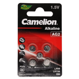 Piles alcalines AG2 Camelion 1.5V, paquet de 5, compatibles LR59, 396 et LR726, idéales pour montres, calculatrices et petits appareils électroniques.
