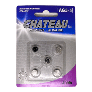 AG5 Chateau 1.5V alkaline batteries, pack of 5, LR48 and 393 compatible, ideal for watches, calculators and small electronic devices.