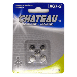 AG7 Chateau 1.5V alkaline batteries, pack of 5, LR926 and 395 compatible, ideal for watches, calculators and small electronic devices.