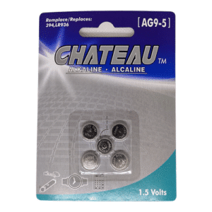 AG9 Chateau 1.5V alkaline batteries, pack of 5, LR936 and 394 compatible, ideal for watches, calculators and small electronic devices.