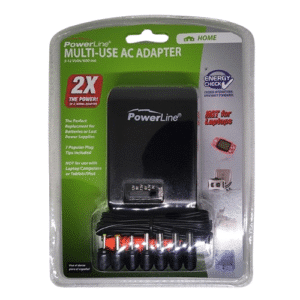 Adaptateur secteur universel PowerLine 90333 600 mA, tension réglable 3 à 12 V DC, 7 embouts inclus, polarité ajustable, idéal pour remplacer piles ou adaptateur perdu.