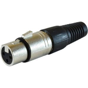 Connecteur XLR femelle 3 broches (XLR-F) pour câbles audio professionnels, idéal pour micros et systèmes de sonorisation.