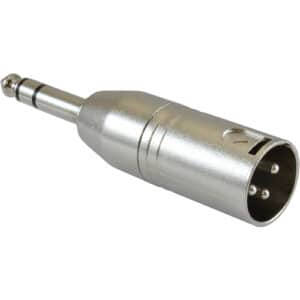 Adaptateur XLR mâle vers 1/4" TRS stéréo mâle en métal, idéal pour connecter micros ou équipements audio à des entrées jack symétriques.