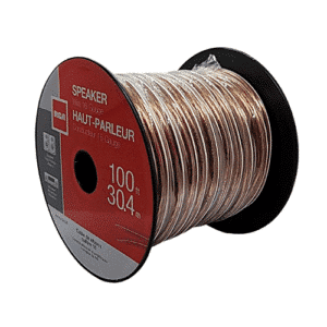 Fil haut-parleur 2x16AWG de 100 pieds sur bobine, garantissant une connexion audio nette et facile entre haut-parleurs et amplificateurs.