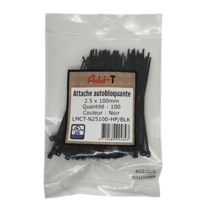 Paquet de 100 attaches auto-bloquantes noires 2,5 x 100 mm. Serre-câbles robustes en nylon, idéals pour l'organisation et la fixation.