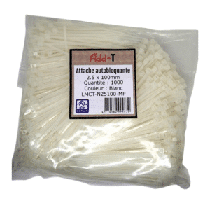 Paquet de 1000 attaches auto-bloquantes naturelles 2.5 x 100 mm. Serre-câbles en nylon blanc pour organisation et fixation sécurisée.