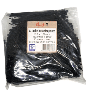 Paquet de 1000 attaches auto-bloquantes noires 2.5 x 100 mm. Serre-câbles en nylon pour organisation et fixation sécurisée.