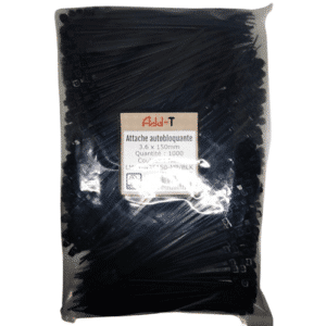 Paquet de 1000 attaches auto-bloquantes noires 3,6 x 150 mm. Serre-câbles robustes en nylon pour usage industriel et professionnel.