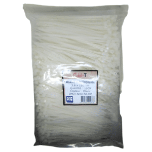 Paquet de 1000 attaches auto-bloquantes naturelles 3,6 x 150 mm. Serre-câbles en nylon blanc pour organisation et fixation professionnelle.