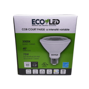 PAR30 Court ECOLED COB 13W dimmable LED bulb, 3000K warm white, 800 lumens, compact size, E26 base, replaces 75W, ideal for recessed lighting.