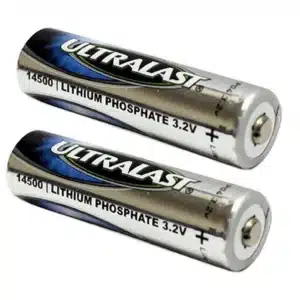Rechargeable LiFePO4 3.2V Ultralast UL14430SL-2P batteries, pack of 2, ideal for LED lamps, energy storage systems and portable devices.