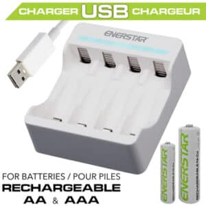 Enerstar BC9127 USB charger for AA and AAA rechargeable batteries with 4 charging slots, compact and practical for use at home or on the move.
