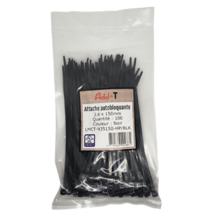 Paquet de 100 attaches auto-bloquantes noires 2,5 x 150 mm. Serre-câbles en nylon robustes pour organisation, fixation et installations électriques.