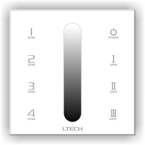 Contrôleur mural tactile LED DX5 avec sortie DMX512 et RF 2,4 GHz, contrôle d’intensité sur 4 zones, interface tactile moderne et commande sans fil.
