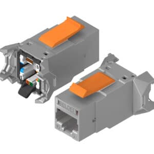 Connecteur modulaire RJ45 blindé Cat6A REVConnect pour Ethernet 10 Gb/s, blindage EMI, compatible PoE jusqu’à 100 W et installation facile.