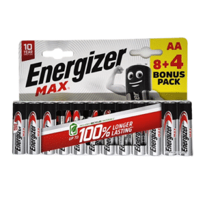 Piles alcalines AA Energizer 1.5V, paquet de 12, idéales pour jouets, lampes, télécommandes et petits appareils électroniques.