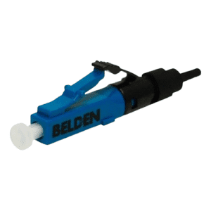 Connecteur fibre optique Belden AX105203‑S1 LC universel OS2, installable sur site sans époxy ni polissage, supporte fibres 250–3 mm.