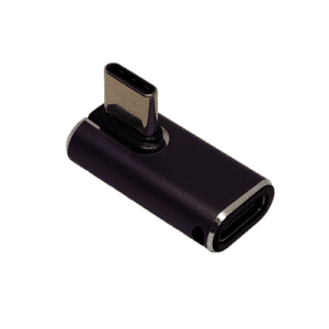 Adaptateur USB Type-C coudé au centre offrant 40 Gbps et 240 W, idéal pour charge rapide, données haute vitesse et gestion de câbles.