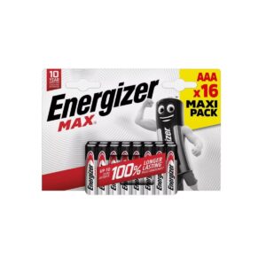 Piles alcalines AAA Energizer 1.5V, paquet de 16, idéales pour télécommandes, jouets, horloges et petits appareils électroniques.