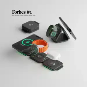 Station de charge 3 en 1 InfinaCore noire, pliable et magnétique pour iPhone, AirPods et Apple Watch. Élégante, compacte et parfaite pour le voyage.
