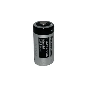 Panasonic 3V CR123A lithium battery, ideal for cameras, flashlights, smoke detectors and security systems.
