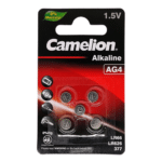 Alkaline AG4 Camelion 1.5V batteries, pack of 5, compatible with 377, LR626 and LR66, ideal for watches, calculators and small electronic devices.