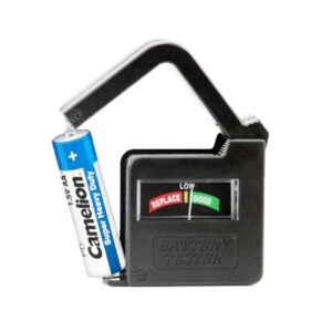 Vérificateur de batterie universel avec indicateur à aiguille et échelle de couleur pour tester les piles AA, AAA, C, D, bouton et 9V rapidement.
