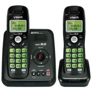 VTech CS6124-21 DECT 6.0 cordless phone with 2 handsets, 11-minute answering machine, backlit keypad and display, Caller ID, 30-contact phonebook, bilingual instructions.