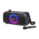 Enceinte portable JBL PartyBox On-The-Go Essential avec son JBL Pro 100 W, micro sans fil, effets lumineux, Bluetooth, IPX4 et 6 h d’autonomie.