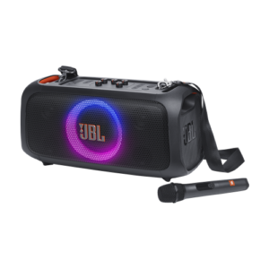 Enceinte portable JBL PartyBox On-The-Go Essential avec son JBL Pro 100 W, micro sans fil, effets lumineux, Bluetooth, IPX4 et 6 h d’autonomie.