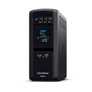 Onduleur CyberPower CP1000PFCLCD 1000VA / 600W avec onde sinusoïdale pure, écran LCD et protection complète, idéal pour PC, réseau et équipements électroniques.