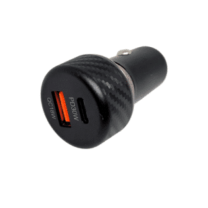 CC-709 dual-port USB-C and USB-A 48 W car charger with 30 W Power Delivery, 12-24 V compatible and featuring surge protection.