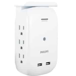 Philips SPS6026WA/37 wall-mounted power strip with 6 outlets and 2 USB ports, 450J surge protection, built-in shelf, pack of 2, ideal for home and office use.