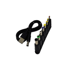 Universal USB to 5V DC 5.5×2.1mm adapter with 8 interchangeable tips, compatible with routers, LEDs, electronic devices, and DIY projects.