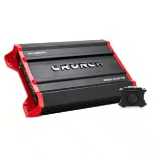 Amplificateur mono Crunch GP-2500.1 Ground Pounder de 2500 Watts Classe A/B. Idéal pour subwoofers avec bass remote, crossover variable et protection intégrée.