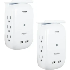 Multiprise murale Philips SPS6026WA/37 avec 6 prises et 2 ports USB, protection surtension 450J, tablette intégrée, paquet de 2, idéale pour maison et bureau.
