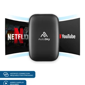 AutoSky AI Box Lite transforme CarPlay et Android Auto filaire en sans fil. Profitez de Netflix, YouTube et Android 10 directement sur l’écran de votre voiture.