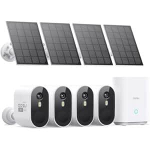 Système AOSU C7P-4H avec 4 caméras solaires 2K, vision nocturne, stockage local 32GB, détection intelligente et Wi-Fi sans fil.