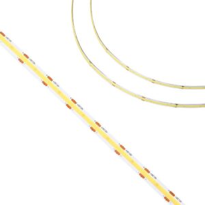 Bande DEL COB 3 mètres blanc froid 12V 1.8A largeur 8mm avec éclairage uniforme haute luminosité sans points visibles.