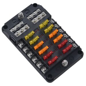 Bornier porte-fusible 12 voies 12V/24V avec indicateur LED rouge, couvercle à clip, masse négative et capacité maximale de 100 A.