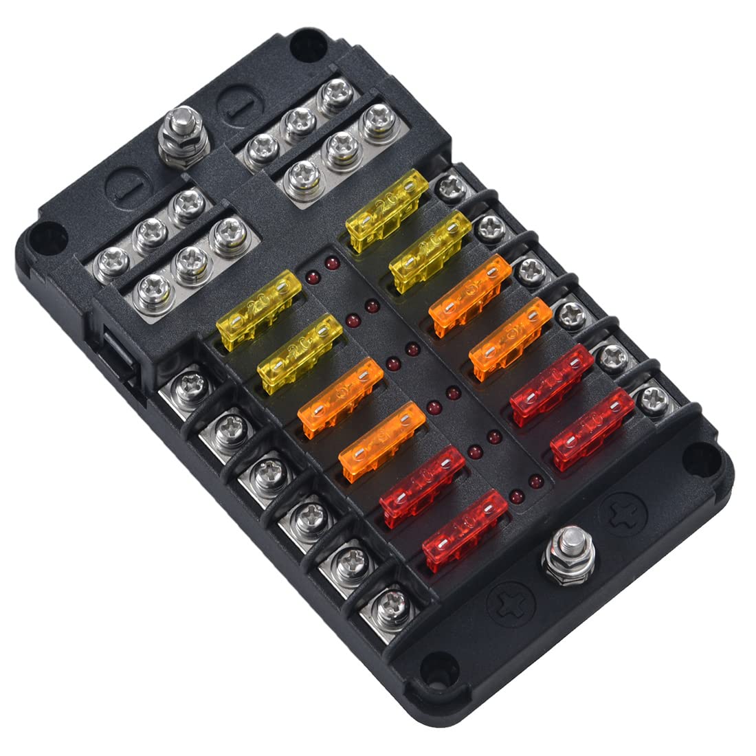 Bornier porte-fusible 12 voies 12V/24V avec indicateur LED rouge, couvercle à clip, masse négative et capacité maximale de 100 A.