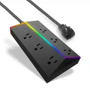 Multiprise Titan 6 prises parafoudre 1080 Joules LED RGB avec câble tressé 4 ft, protection gaming pour PC, consoles et appareils électroniques.