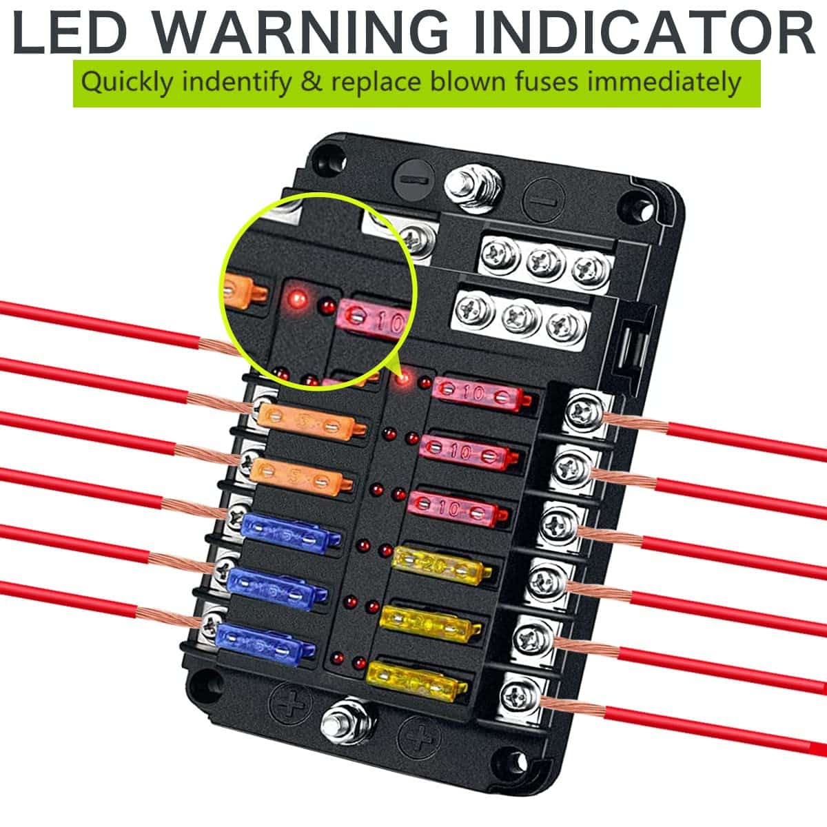 Bornier porte-fusible – Bloc à fusibles avec indicateur LED 12V / 24V