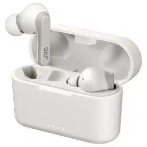 JVC HA-A9T-W : écouteurs true wireless Bluetooth 5.1 avec IPX5, 30 h d’autonomie, recharge rapide et design blanc compact.