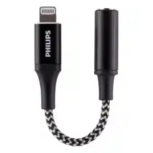 Adaptateur Philips Lightning vers 3.5 mm noir pour iPhone et iPad, compatible casque, écouteurs et AUX avec câble tressé durable.
